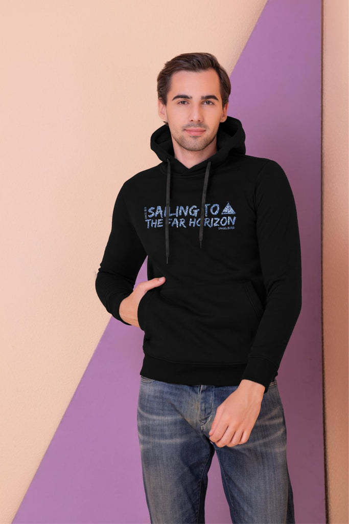 A  man wearing a full sleeve, relaxed fit, fleece printed hoodie with elasticed cuff and hem in Black Color 