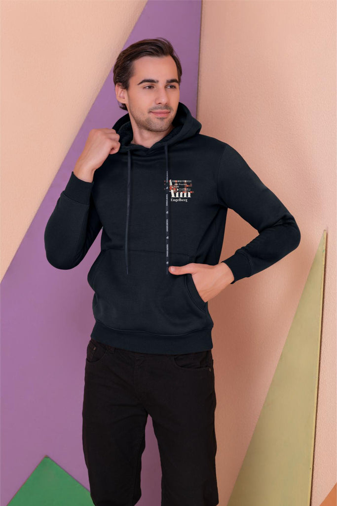  A  man wearing a full sleeve, relaxed fit, fleece printed hoodie with elasticed cuff and hem in dark grey Color 
