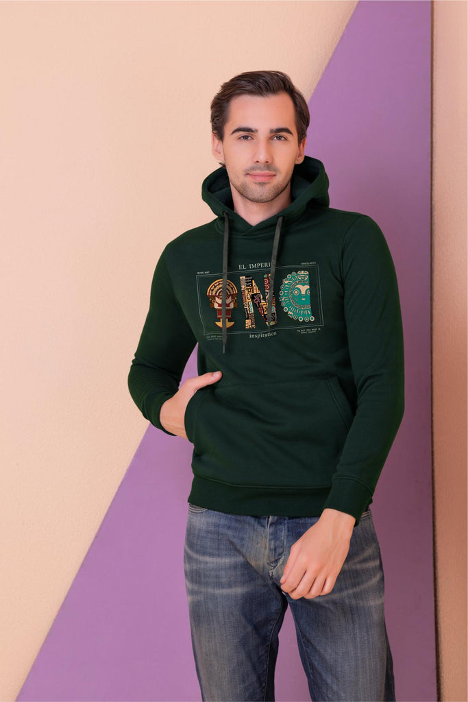  A  man wearing a full sleeve, relaxed fit, fleece printed hoodie with elasticed cuff and hem in teal green Color 
