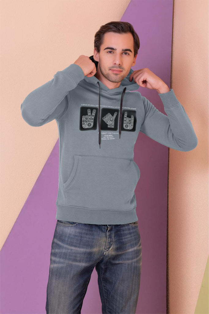  A  man wearing a full sleeve, relaxed fit, fleece printed hoodie with elasticed cuff and hem in grey  Color 
