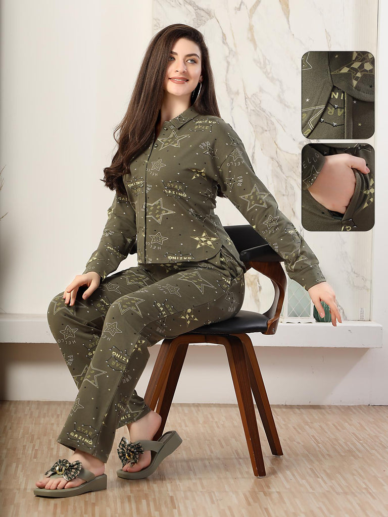 A woman wearing a  full sleeve, relaxed fit,  printed cotton cord set in olive color