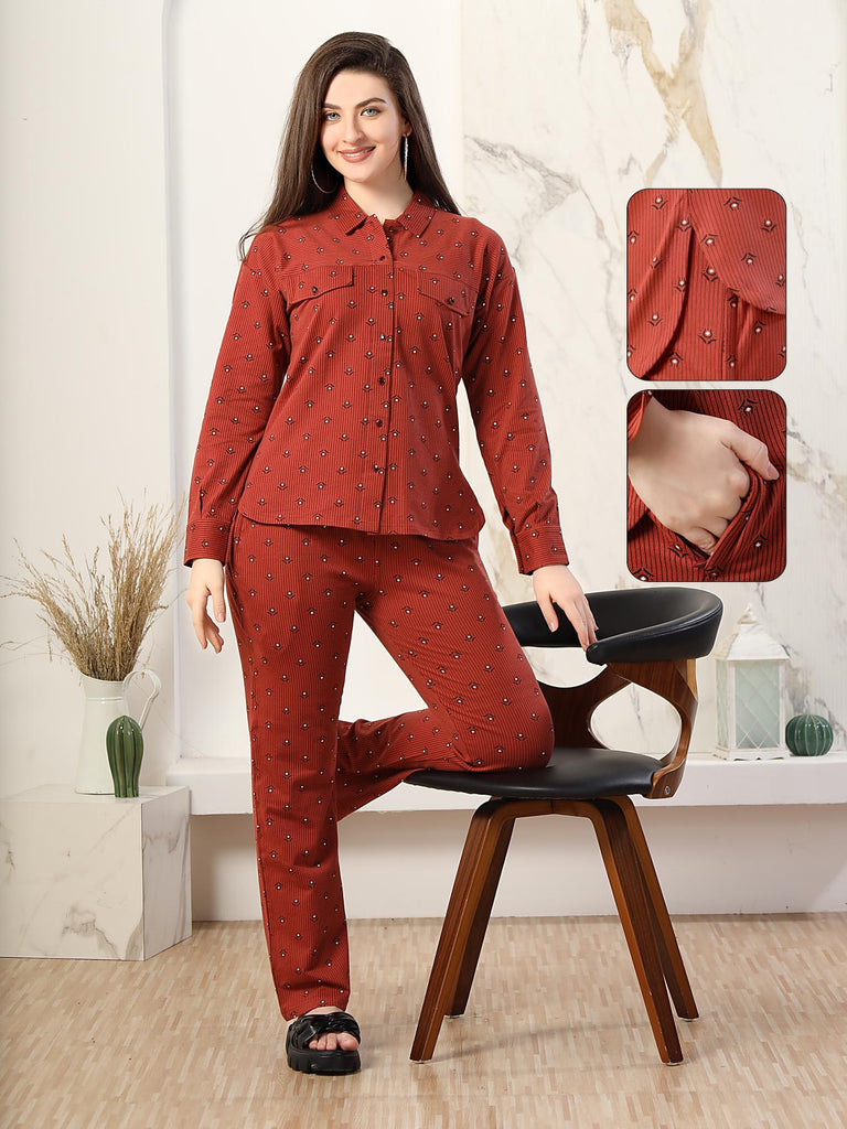 A woman wearing a  full sleeve, relaxed fit,  printed cotton cord set in rust color