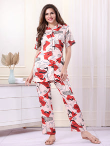 Women Half Sleeve Printed Satin Cord Set