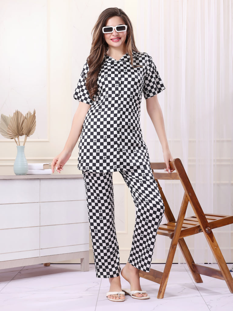 A woman wearing a regular sleeve, relaxed fit , printed Satin cord set in chess print color