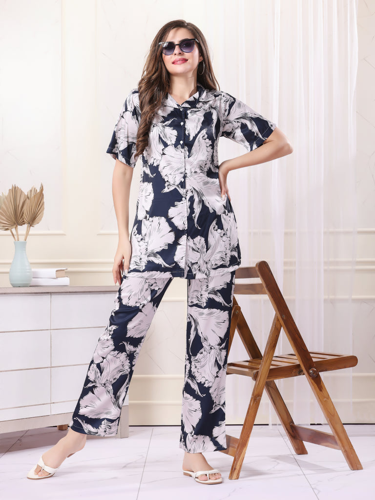 A woman wearing a regular sleeve, relaxed fit , printed Satin cord set in navy color