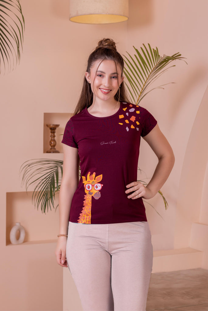 A woman wearing a regular sleeve, relaxed fit, printed cotton night suit  in Wine color